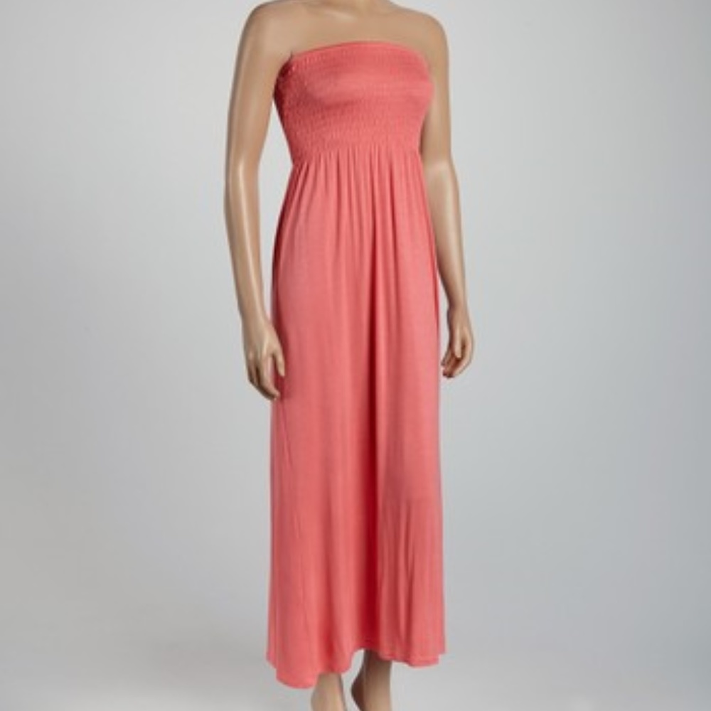 Coral Peach Strapless Empire Waist Maxi Dress M